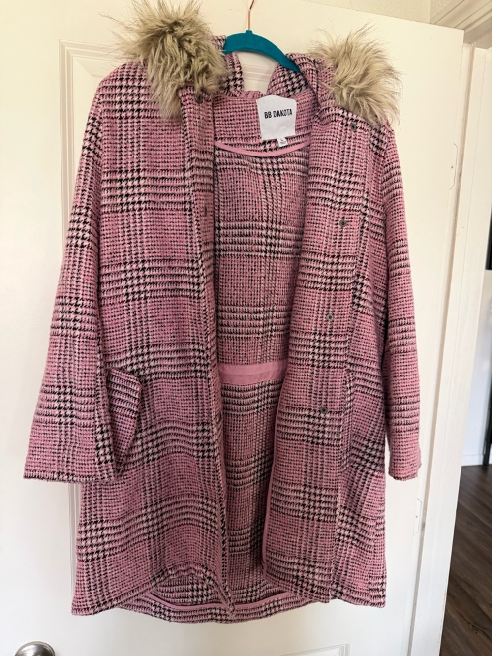 BB Dakota Pink and Black Plaid Faux Fur-Trim Hooded Jacket